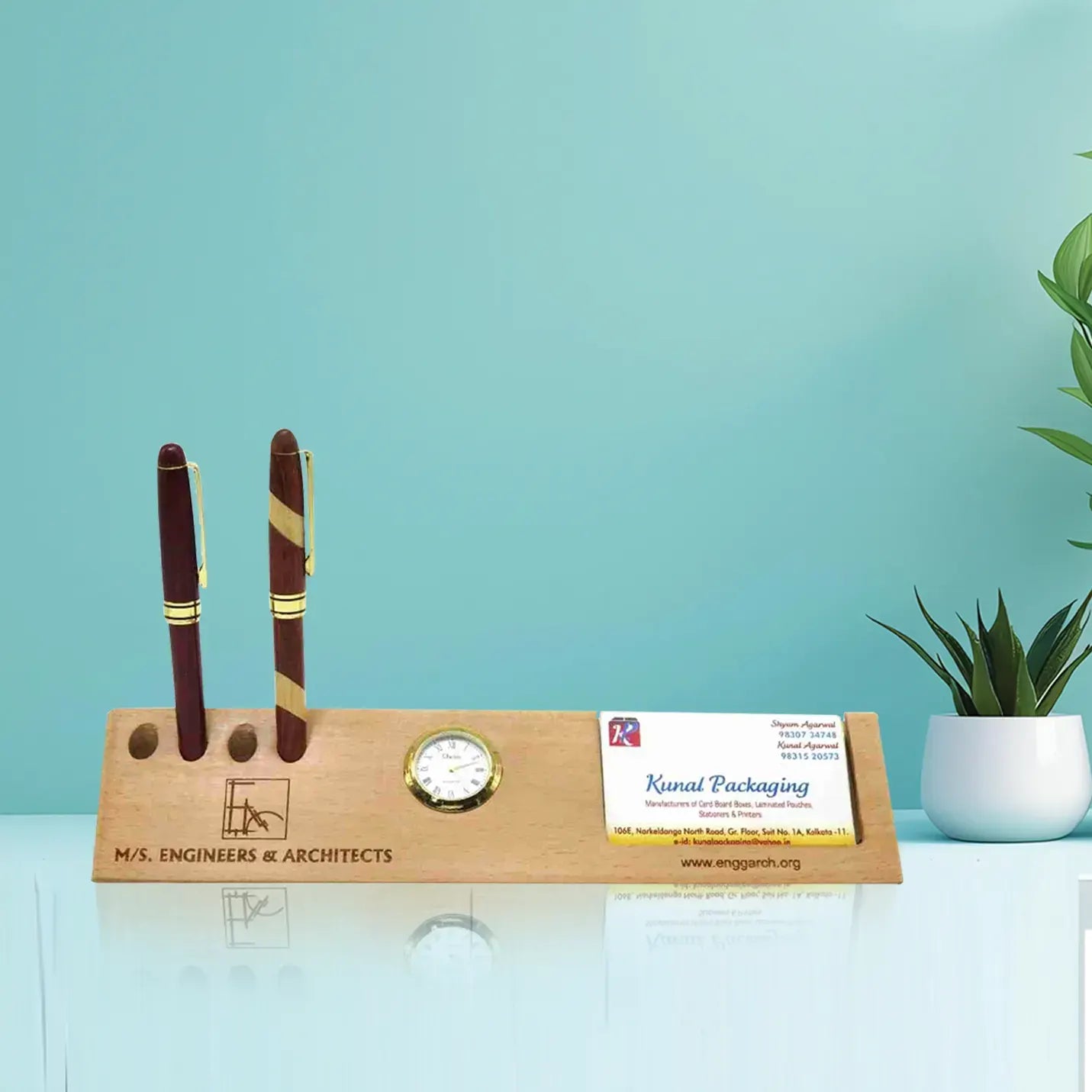 Multi-Purpose Wooden Pen-Holder, Card-Holder & Clock  Img  1