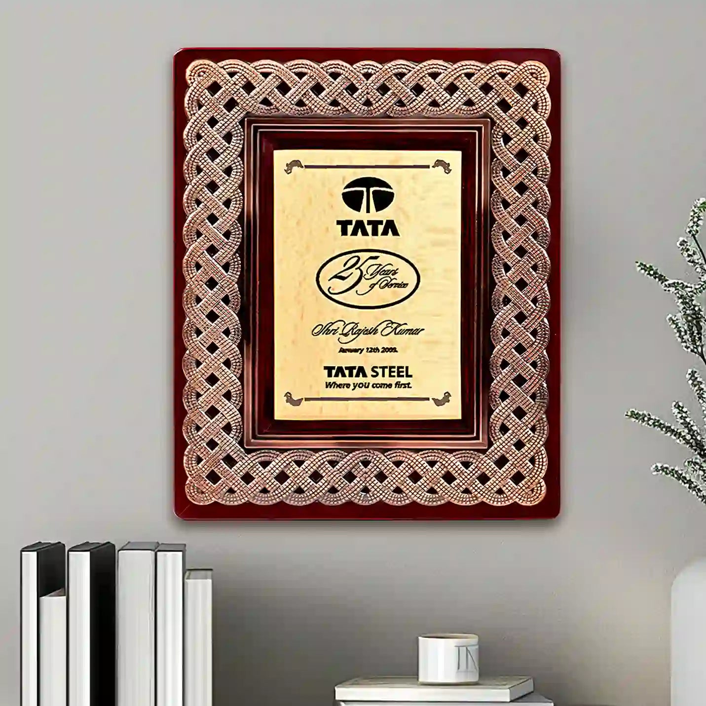 Elegant Laser-Engraved Metal Plaque with Walnut Finish