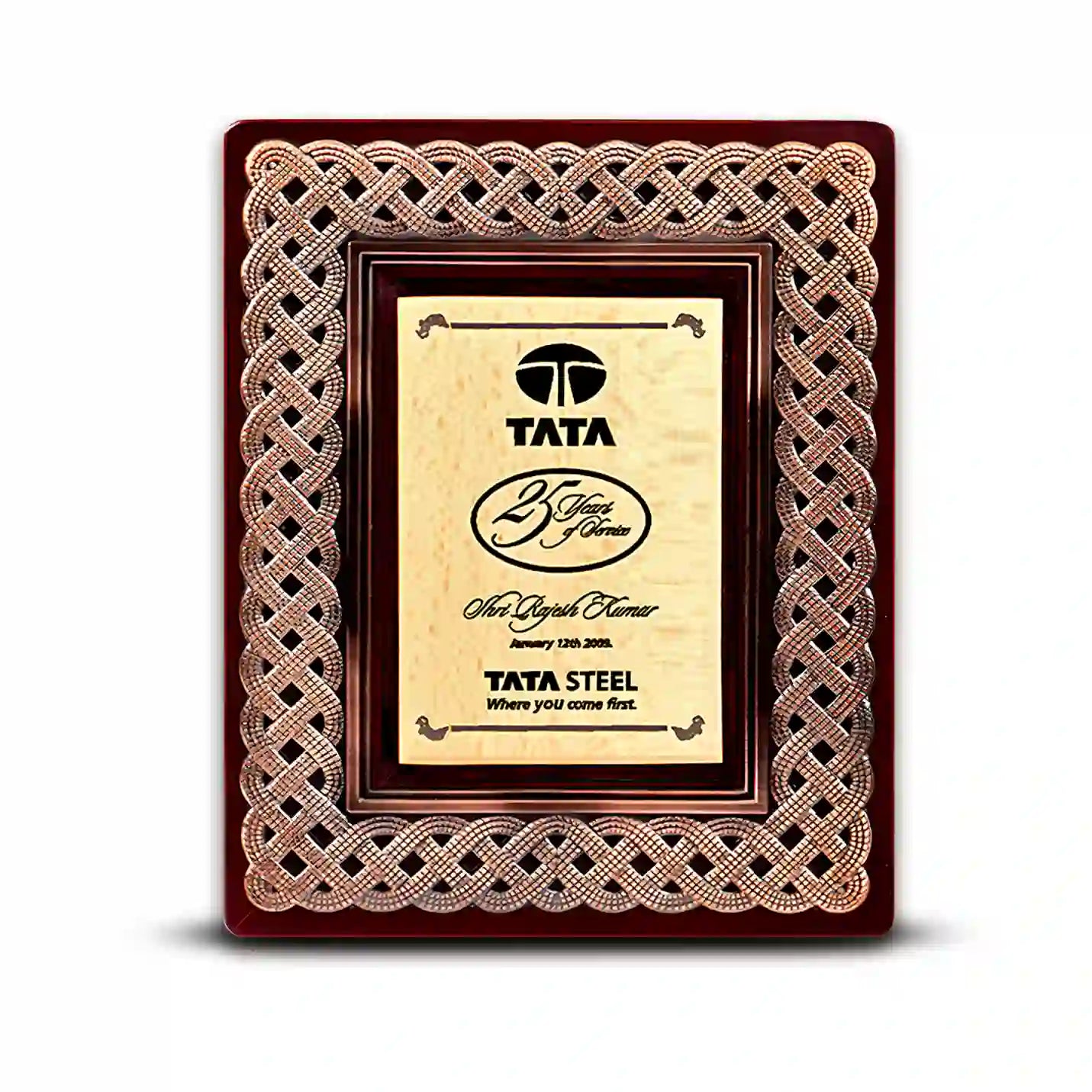 Elegant Laser-Engraved Metal Plaque with Walnut Finish