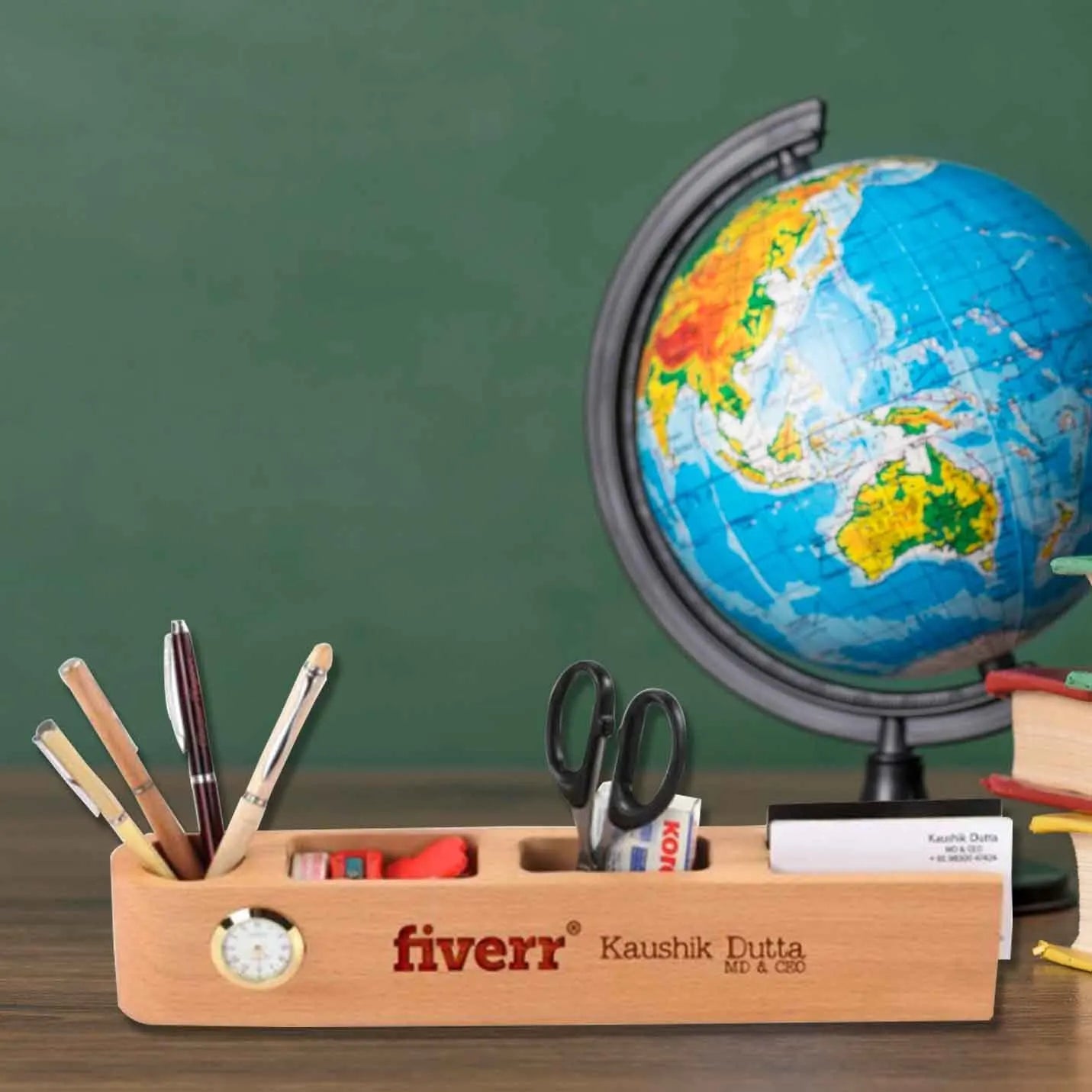 Top-Quality Wooden-Engraved Desk Organizer Name Bar with Clock  Img 1