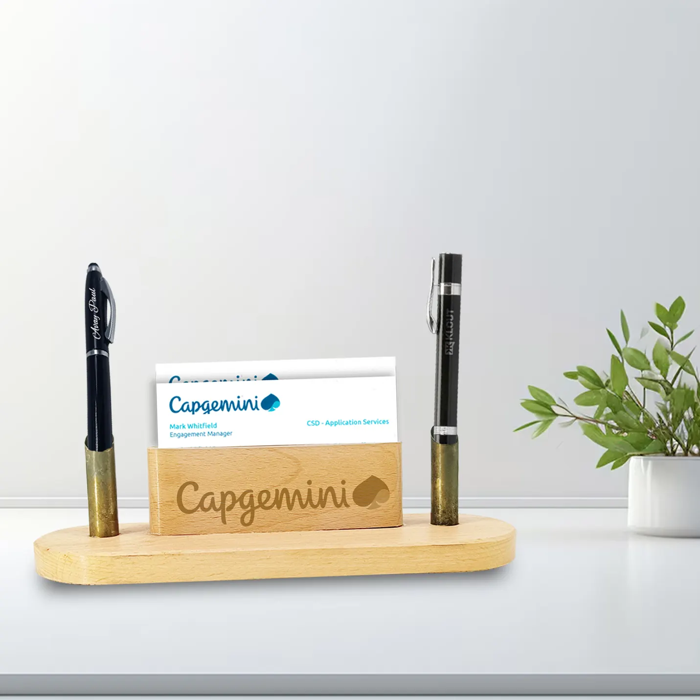 Elegant Laser-Engraved Wooden Pen Stand & Card Holder  Img 1