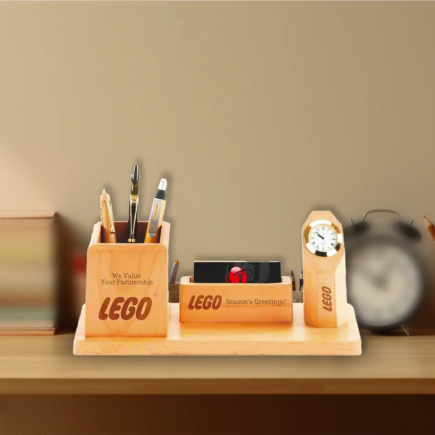 Multi-Purpose Wooden Pen-Holder, Memo Pad- Holder With Clock  Img 1