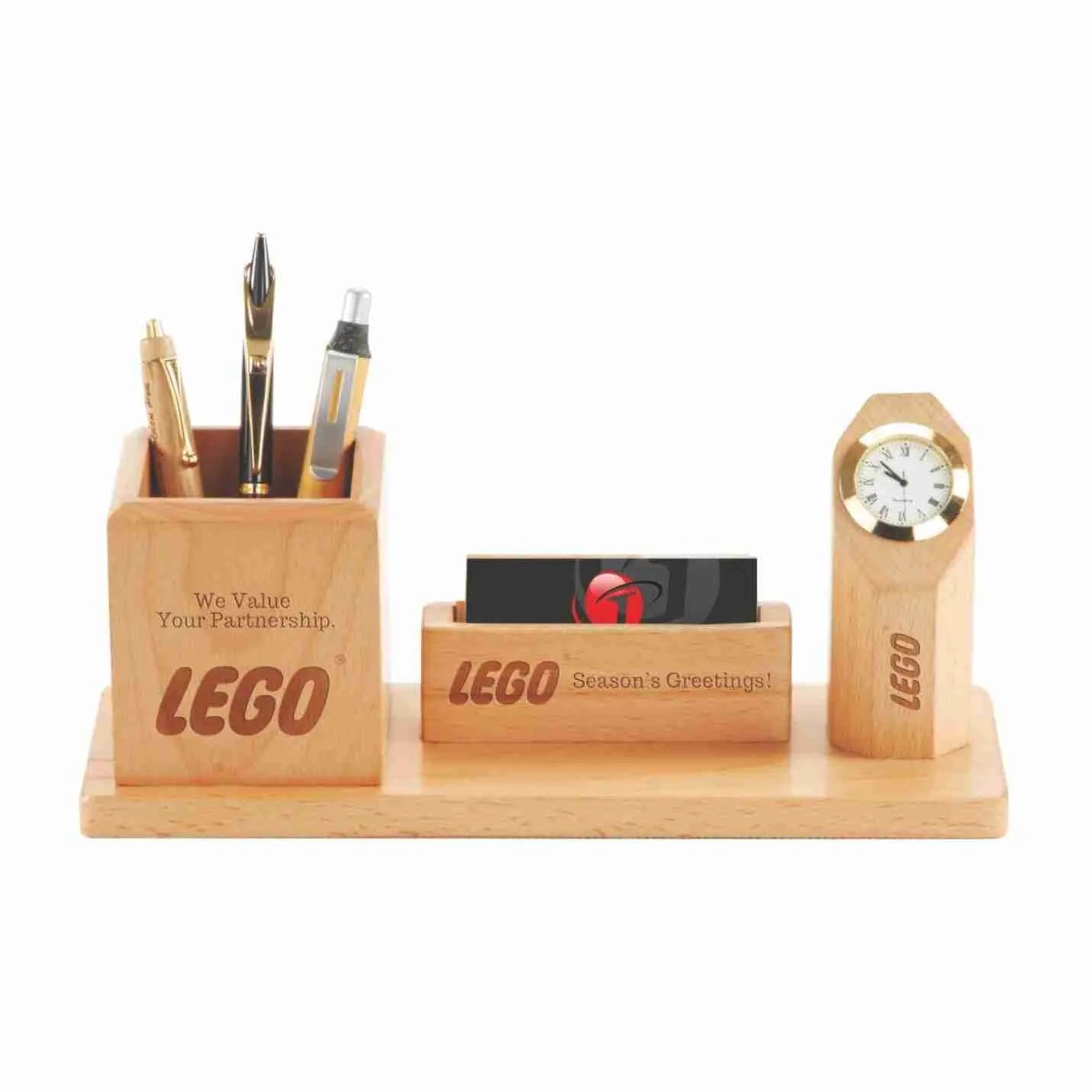 Multi-Purpose Wooden Pen-Holder, Memo Pad- Holder With Clock  Img 2
