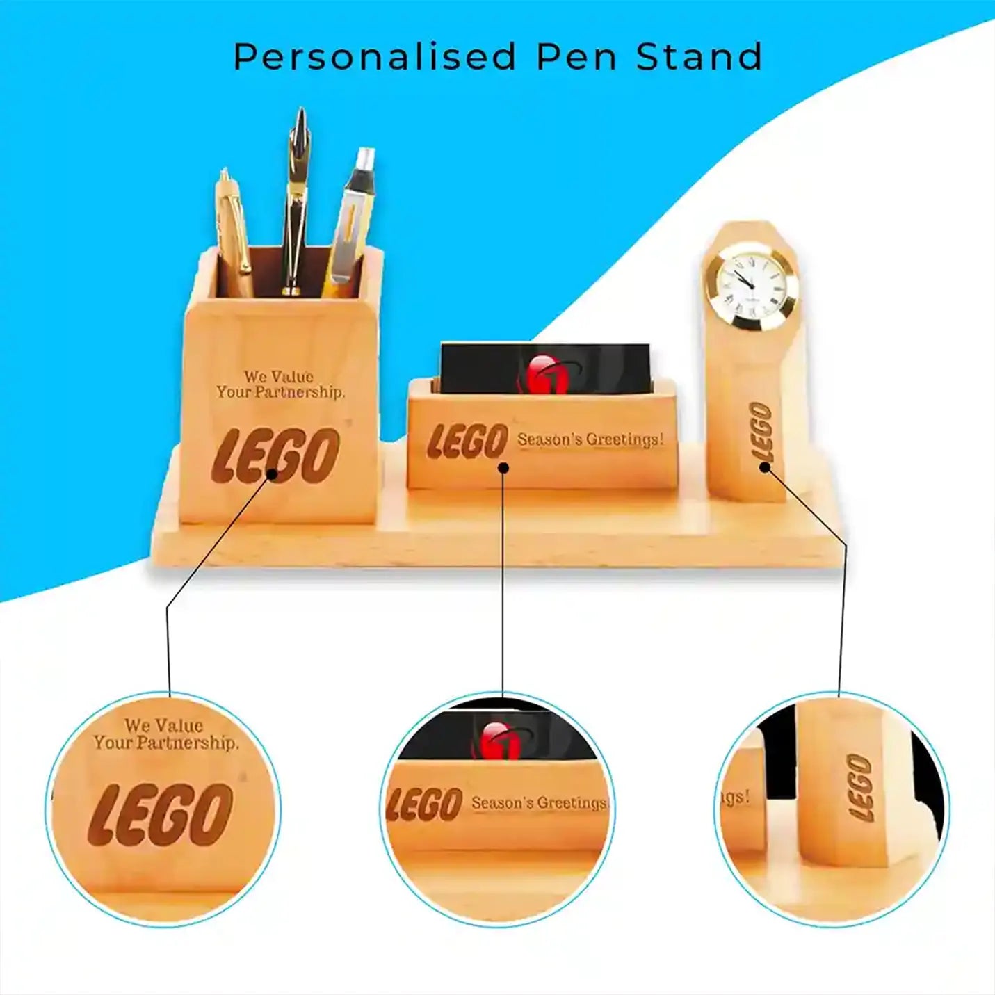 Multi-Purpose Wooden Pen-Holder, Memo Pad- Holder With Clock  Img 3