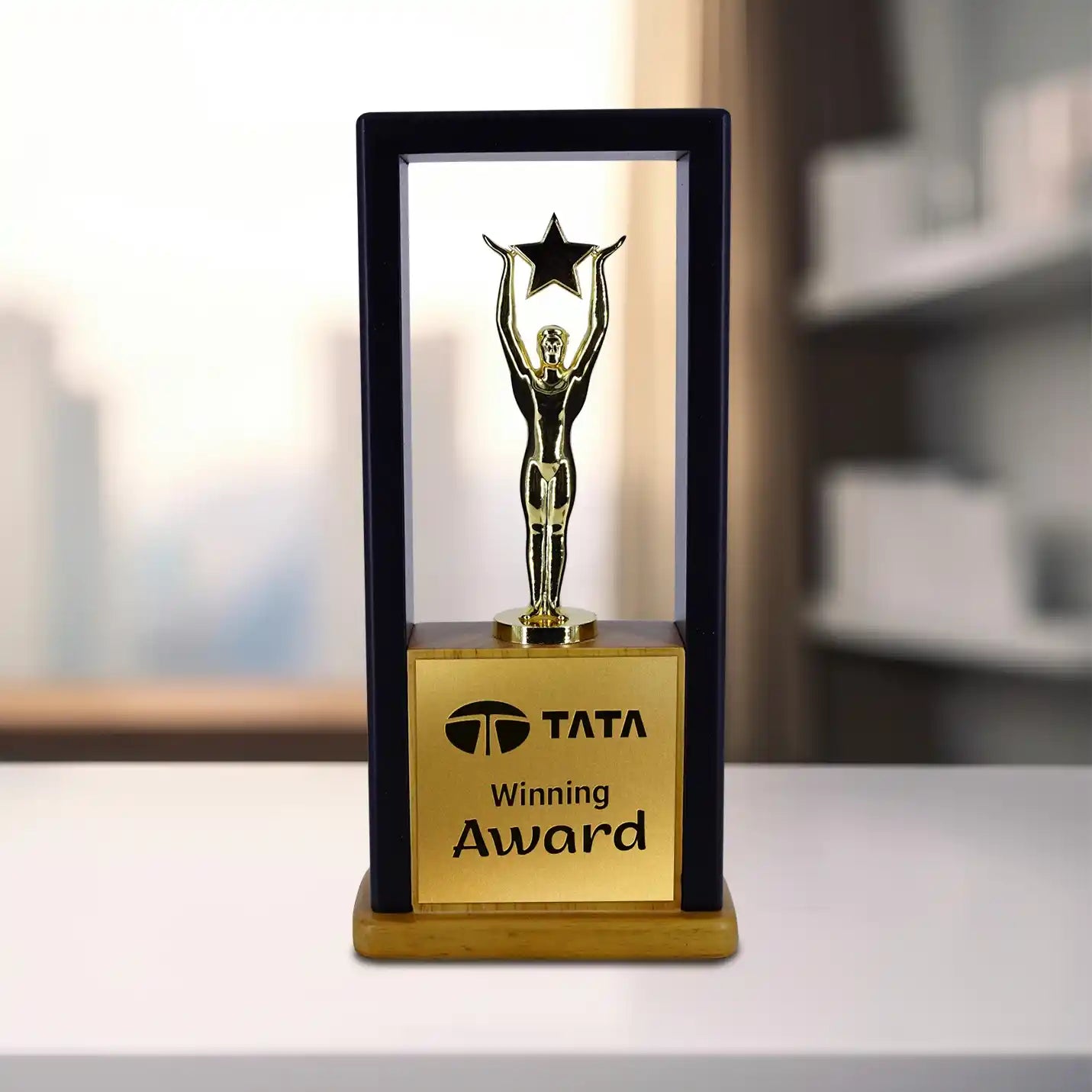 Wooden Trophy with Metal Statue