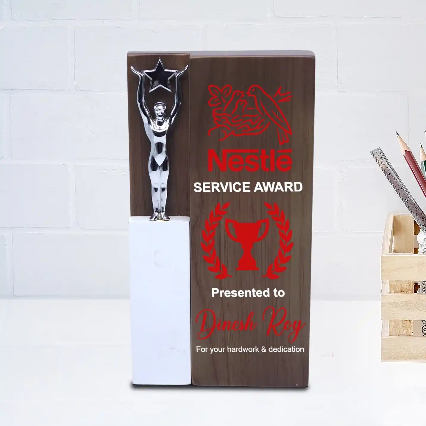 Wooden Plaque with Human Metal Trophy