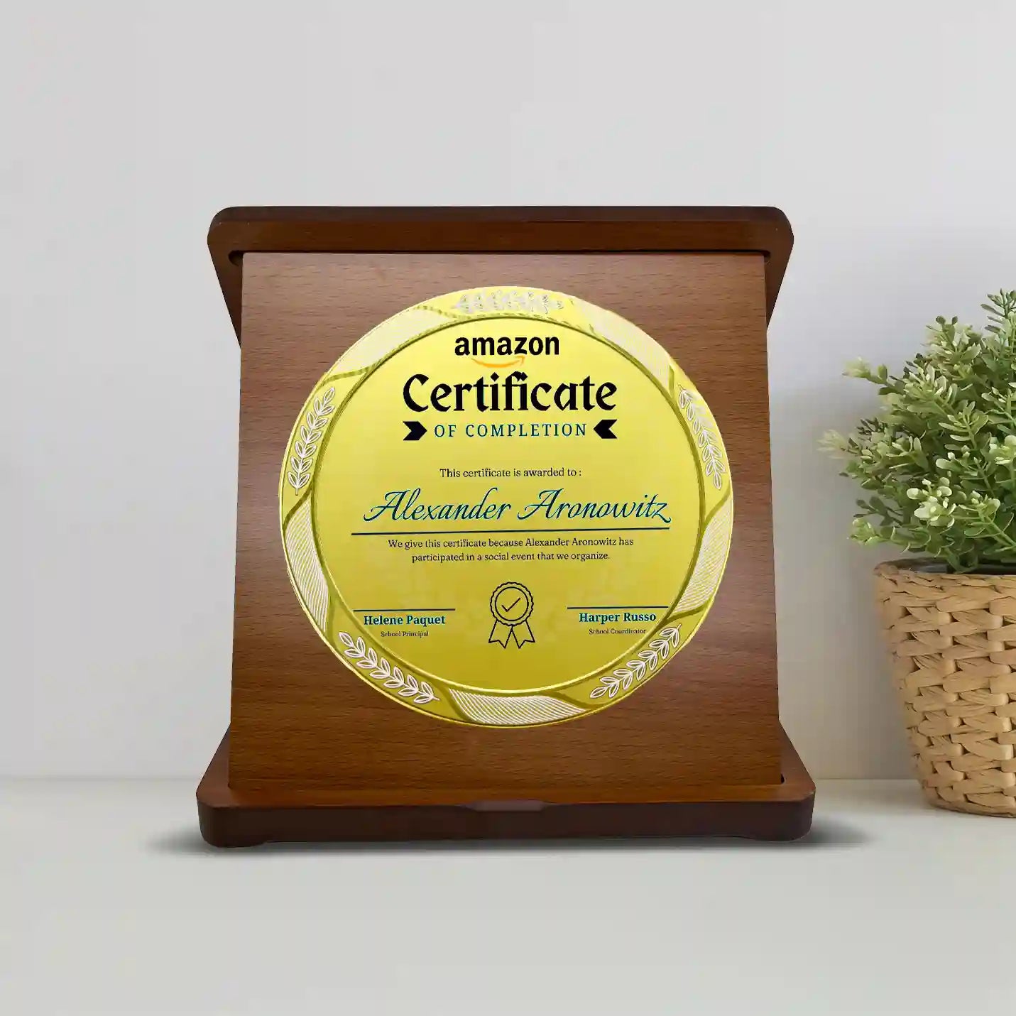 Top-Quality Victorious Round Wood & Metal Memento