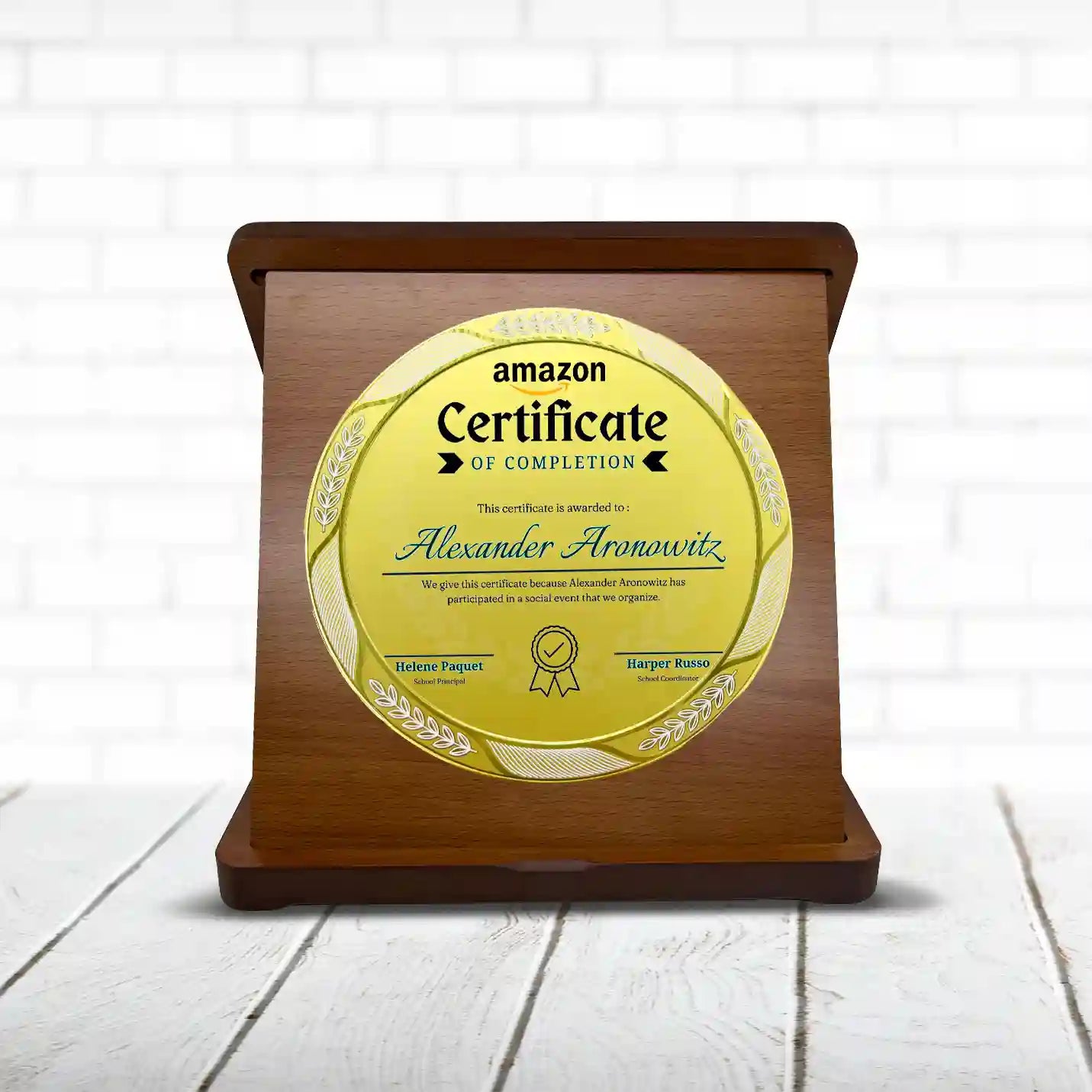 Top-Quality Victorious Round Wood & Metal Memento