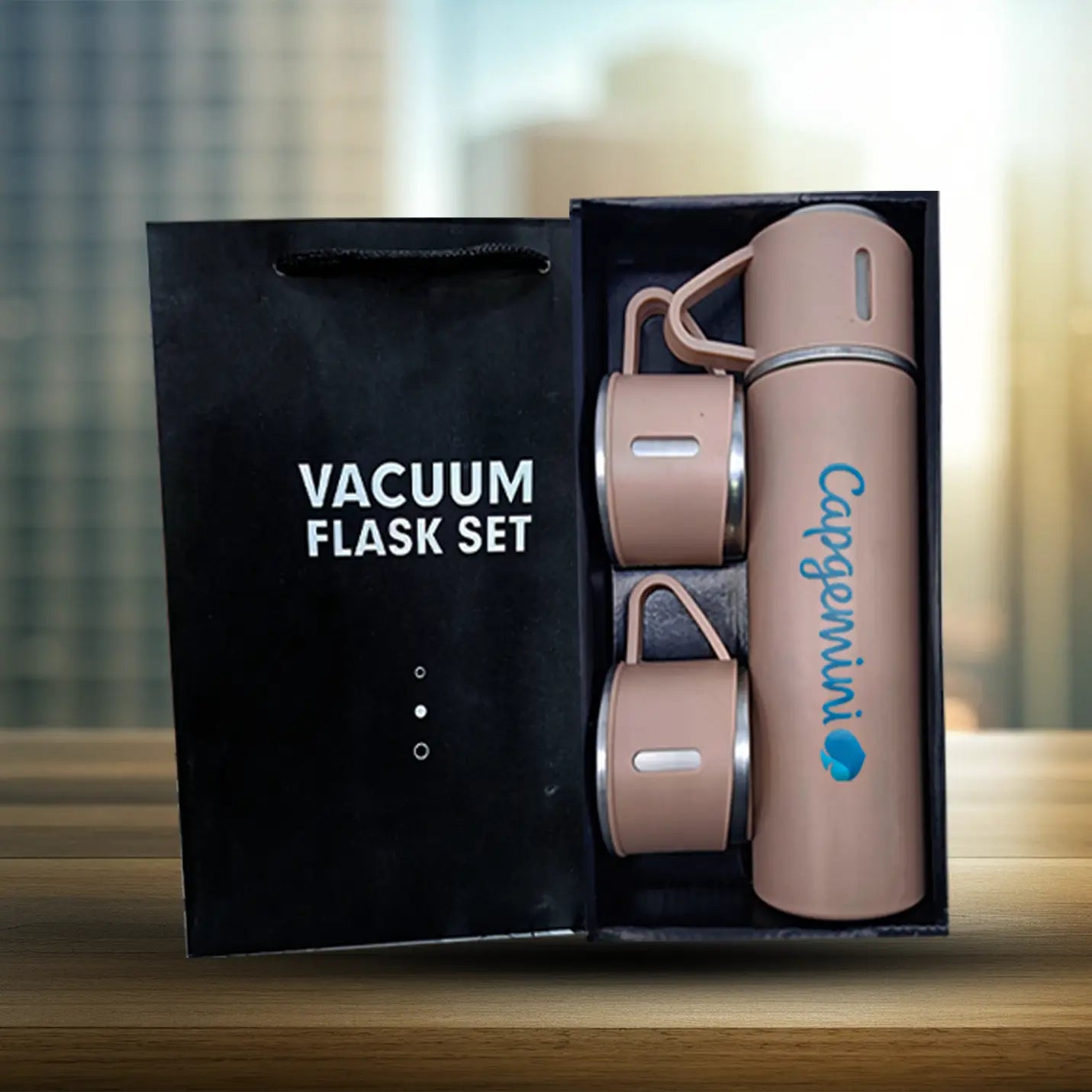 Classic Beige Vacuum Flask Set with 3 Cups