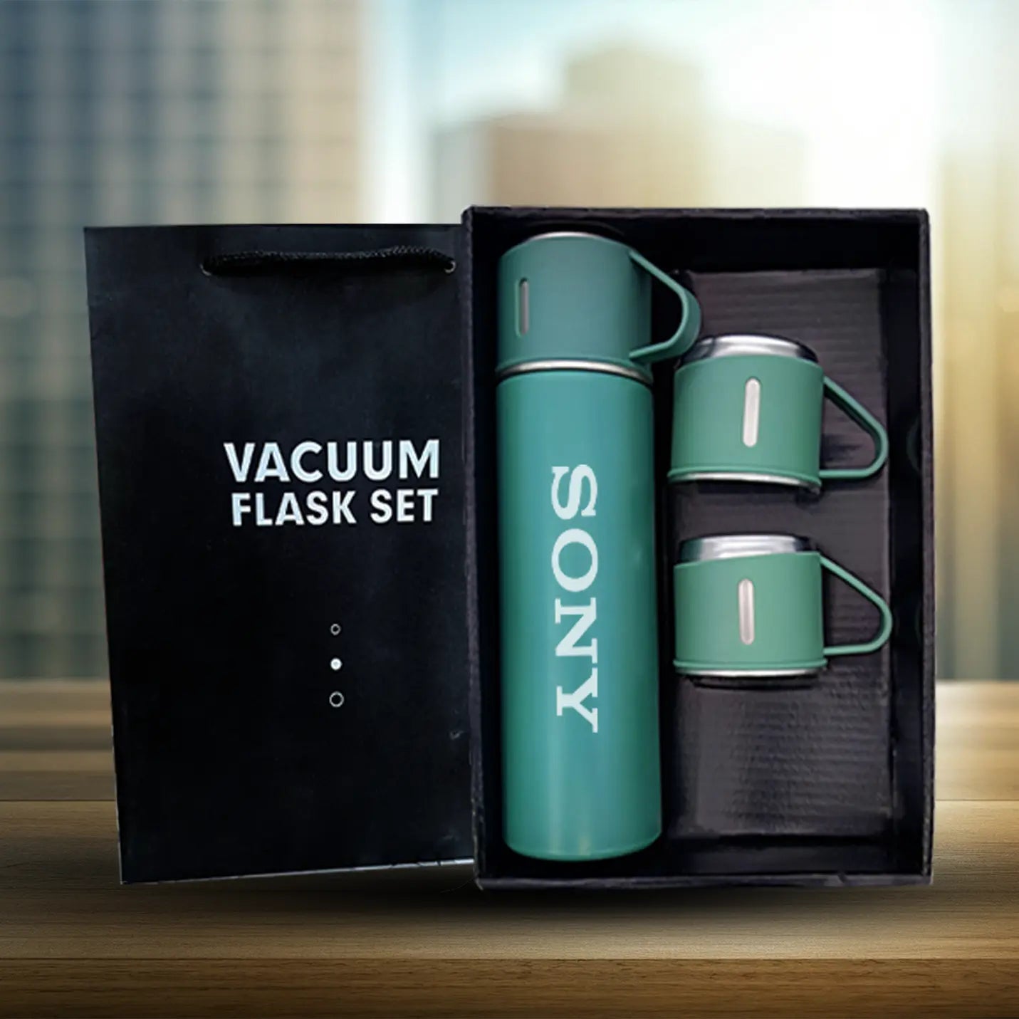 Elegant Green Vacuum Flask Set with 3 Cups