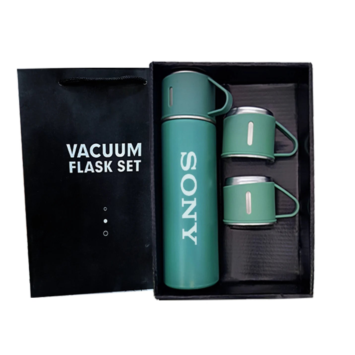 Elegant Green Vacuum Flask Set with 3 Cups Img 2