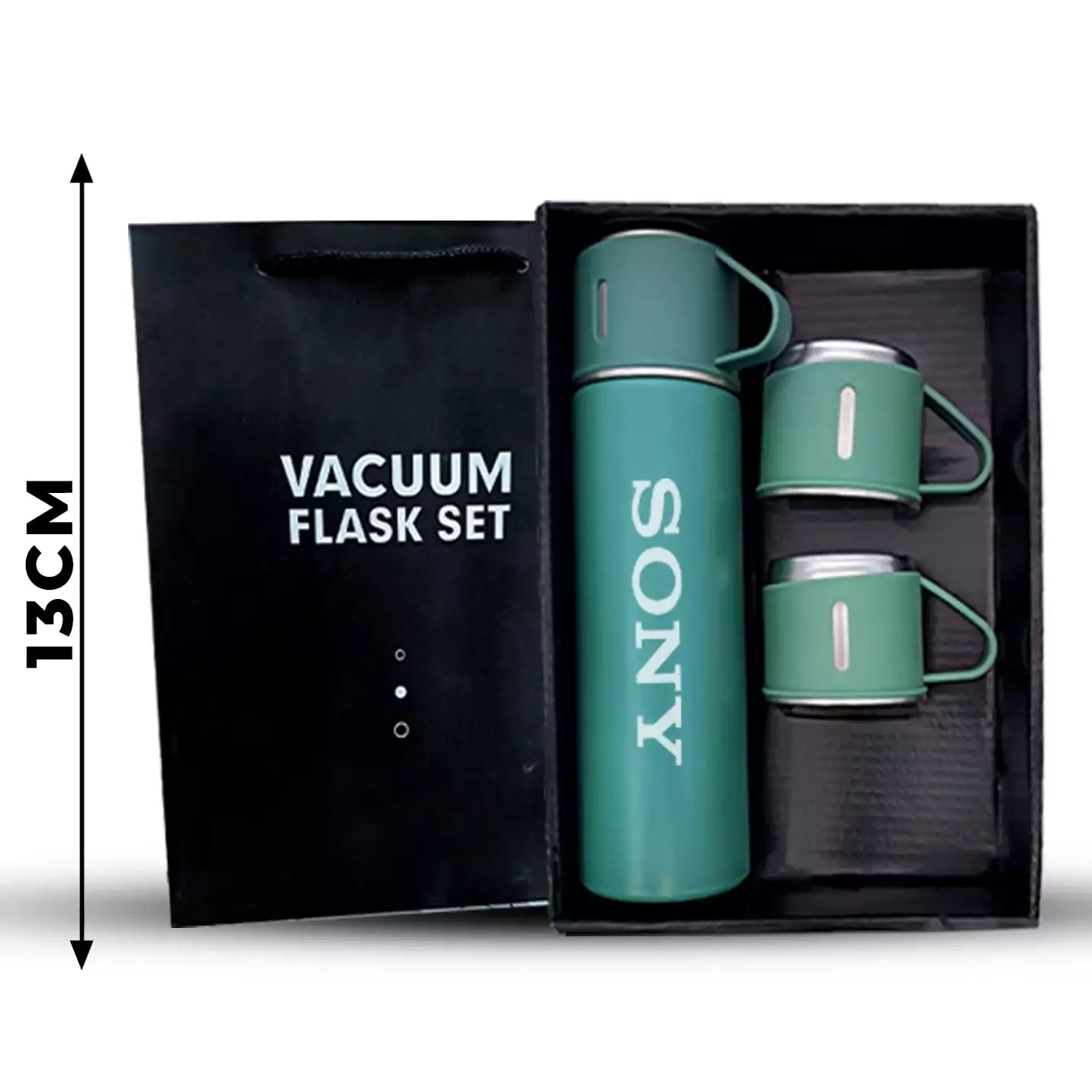 Elegant Green Vacuum Flask Set with 3 Cups Img 3