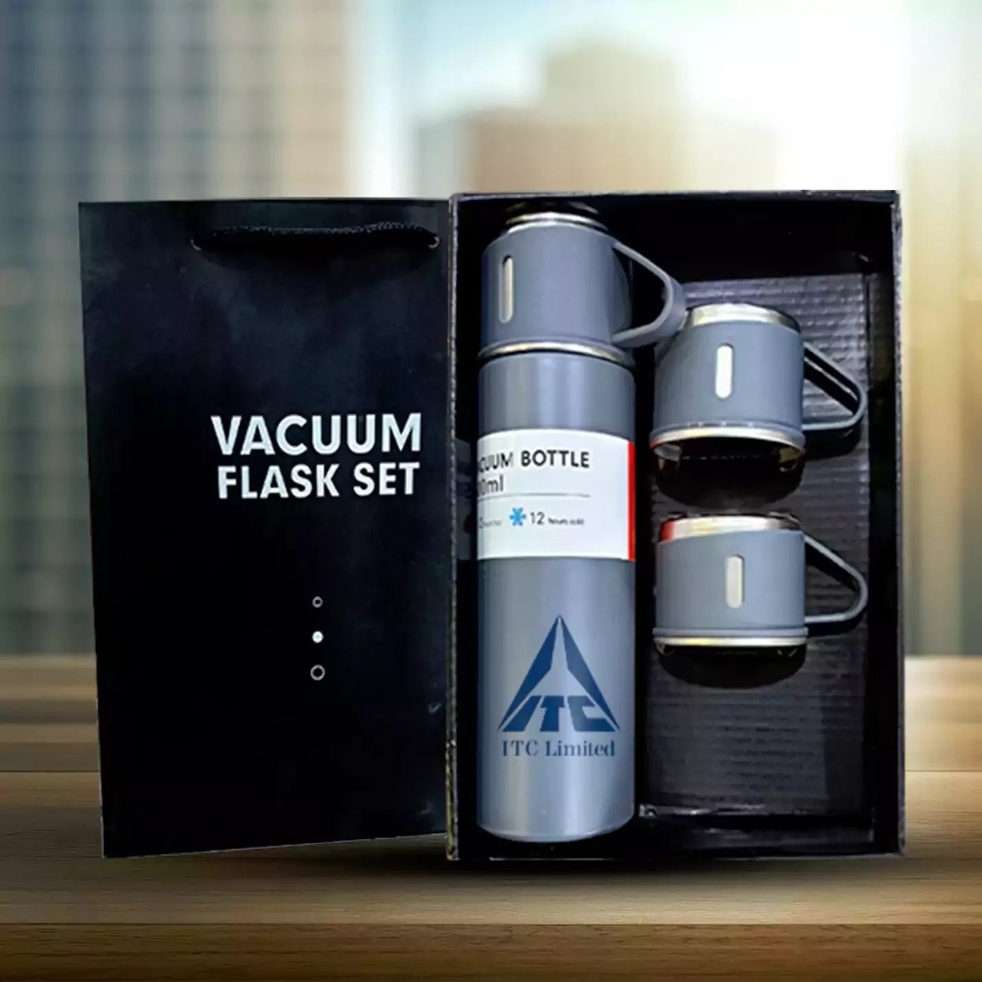 Top-Quality Grey Vacuum Flask Set with 3 Cups