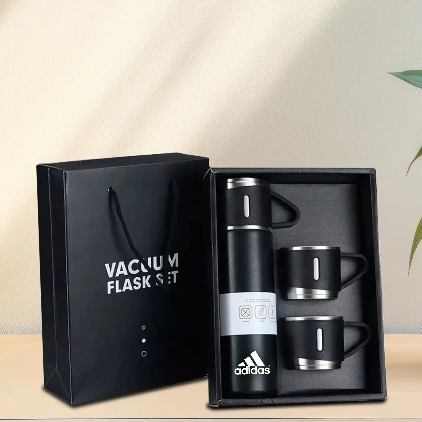 Premium Black Vacuum Flask Set with 3 Cups
