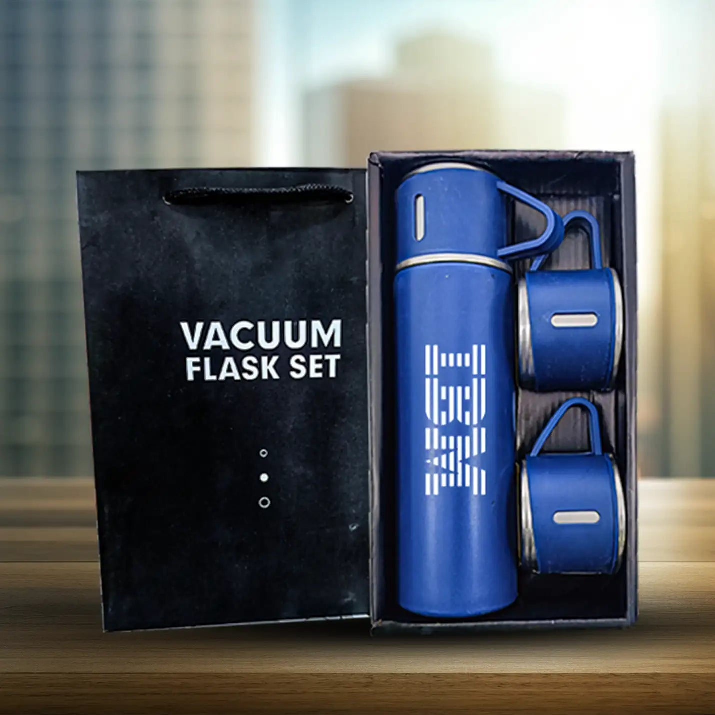 Stylish Blue Vacuum Flask Set with 3 Cups