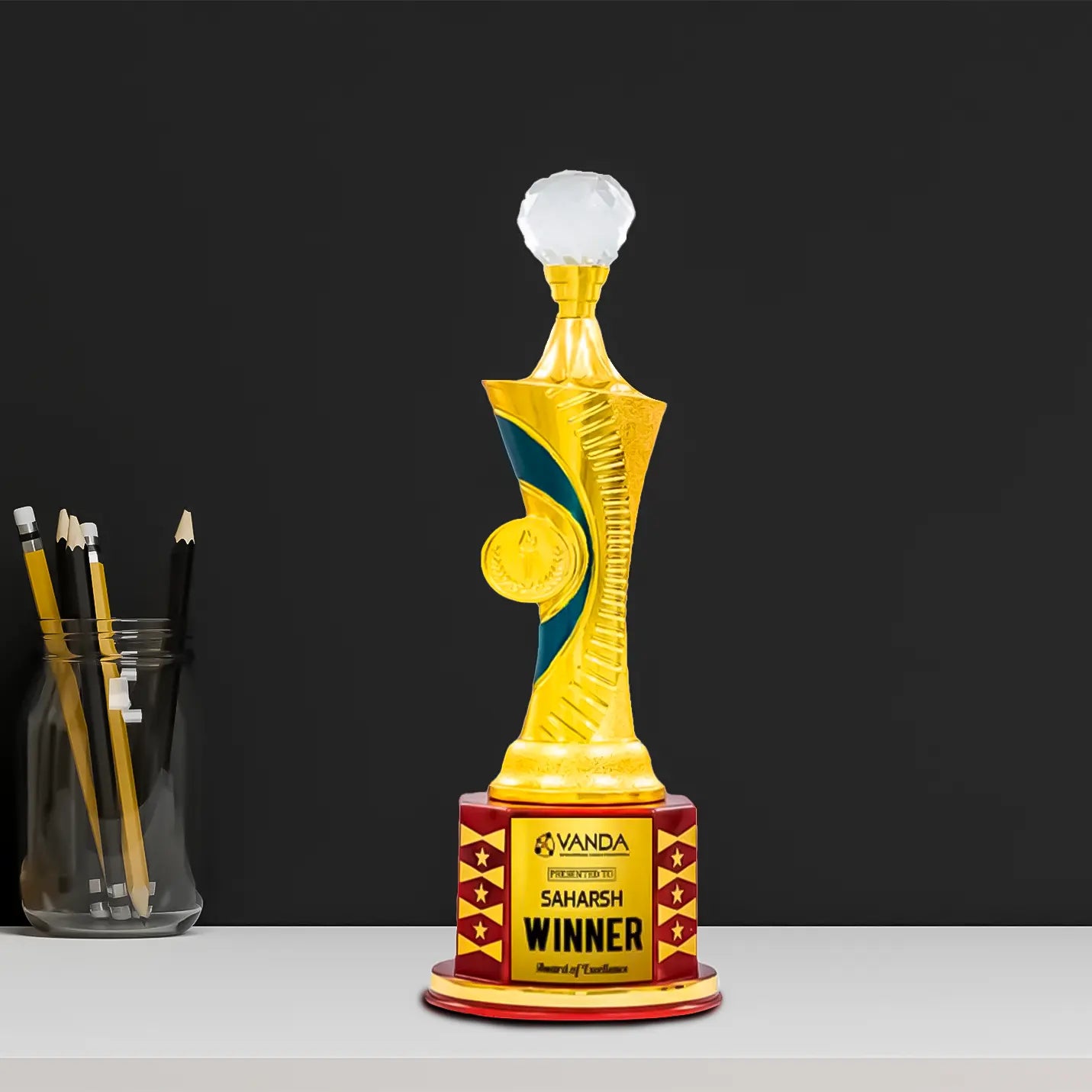 Customized Metal Trophy With Crystal Globe  IMG 1