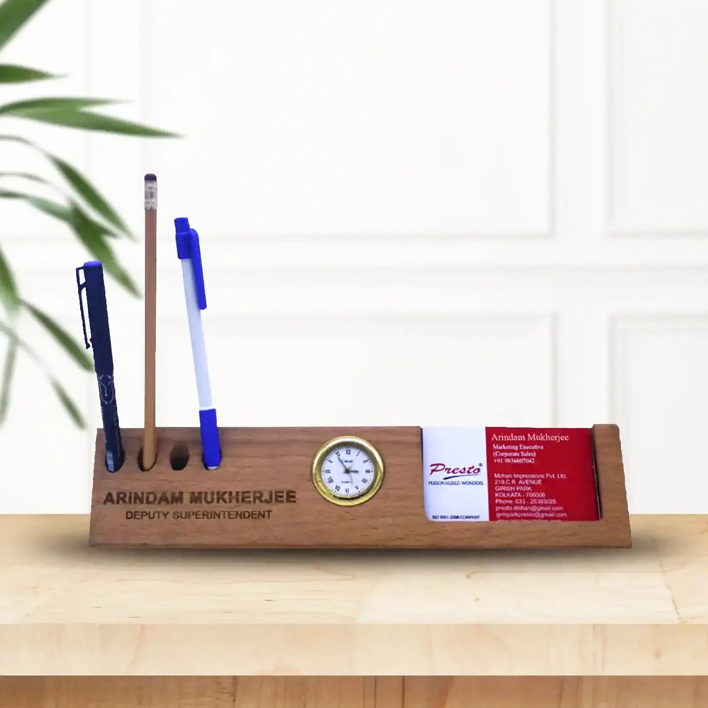 Multi-Purpose Wooden Name Bar, Pen stand, Clock & Card Holder Img 1
