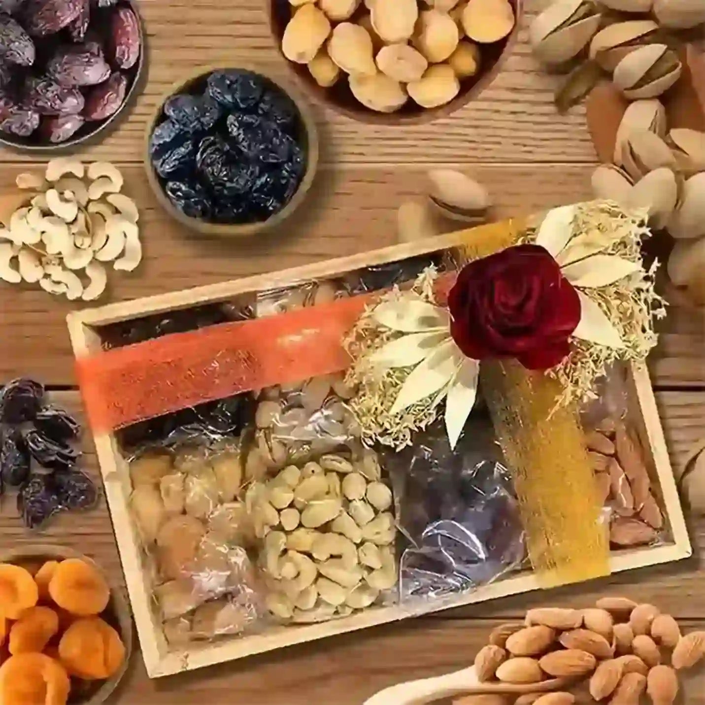 Delicious & Aromatic  Fruits And Nuts Wooden Tray