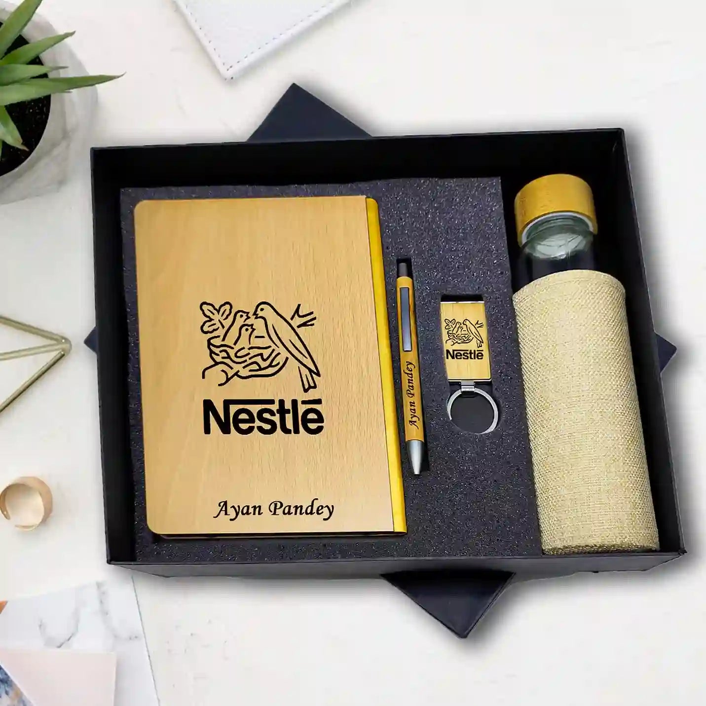 Regal Wooden Diary, Pen, Keychain & Bottle Combo Gift Set