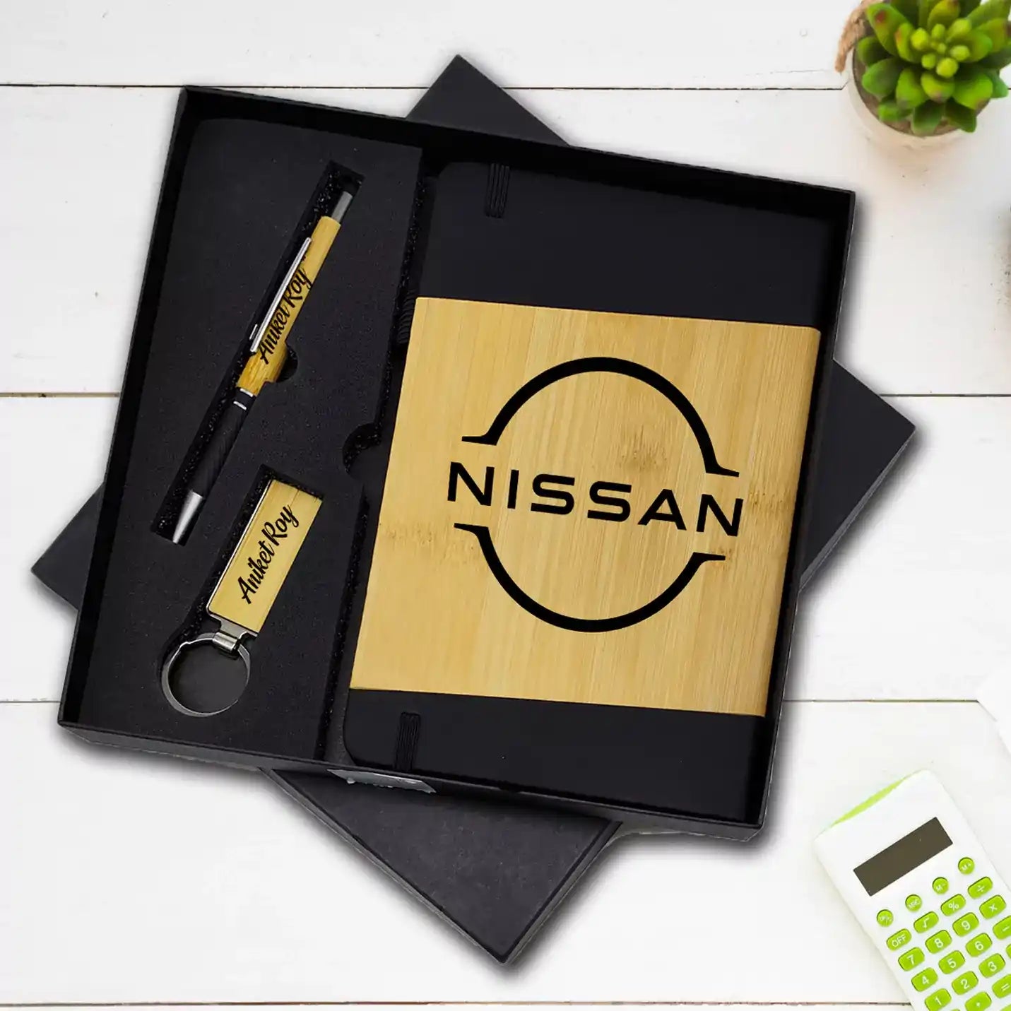 Eco-friendly Bamboo Diary, Pen & Keychain Combo Gift Set Img 1