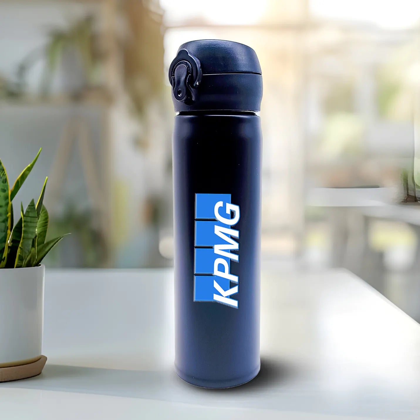 Premium Brand Logo Black Metal Water Bottle  Img 1
