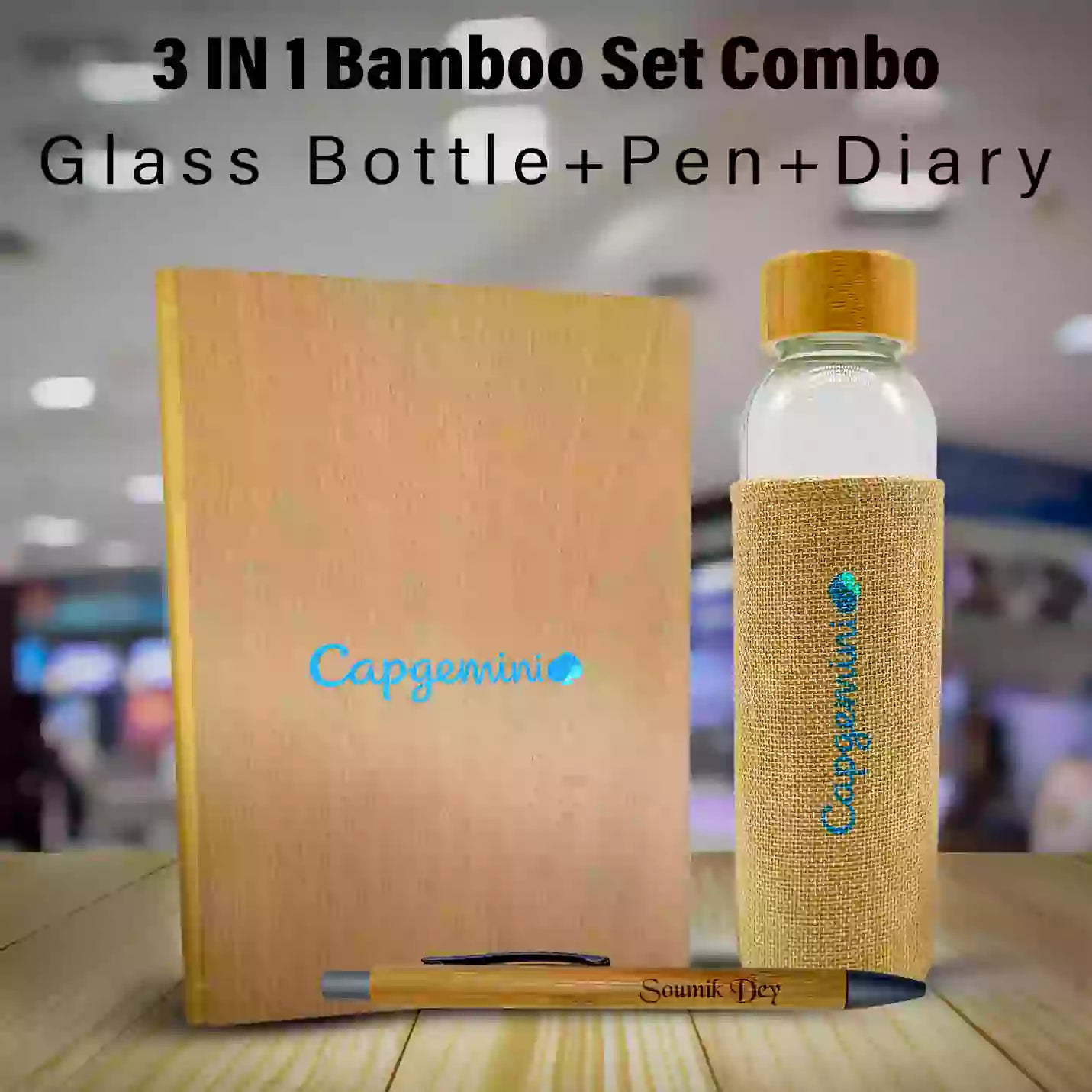 Eco-friendly 3 in 1 Bamboo Bottle, Diary & Pen Combo Gift Set Img 3