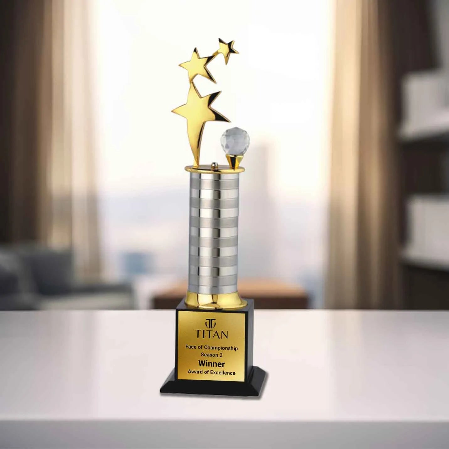 Metal Column Crystal Studded Golden Trophy