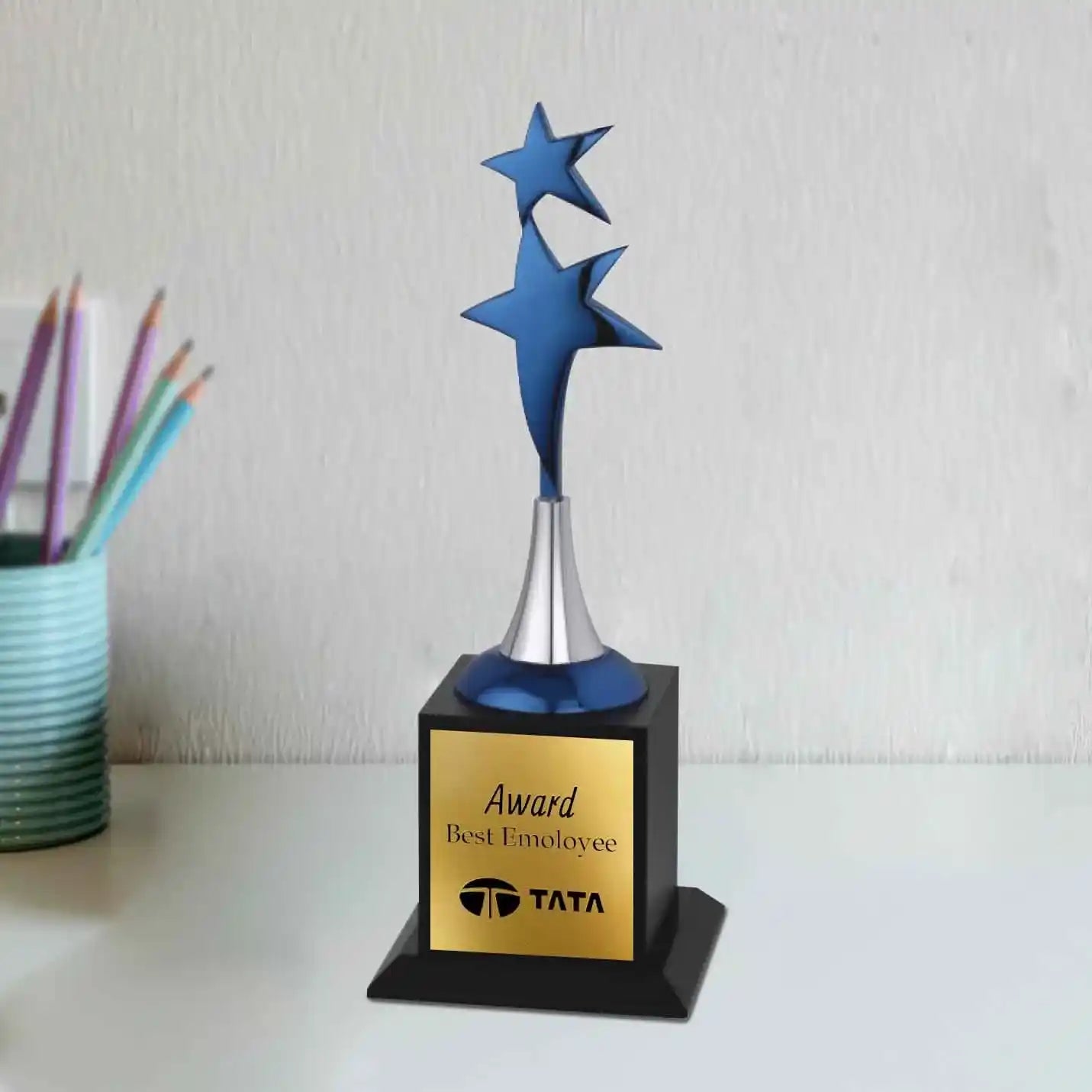 Premium Two Blue Star Metal Victory Trophies