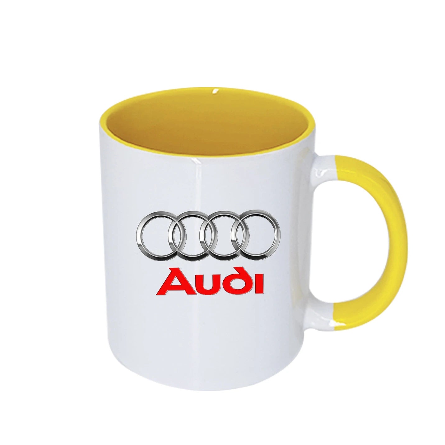 Deluxe White Sublimatable Ceramic Mugs with Yellow Handle Img 2