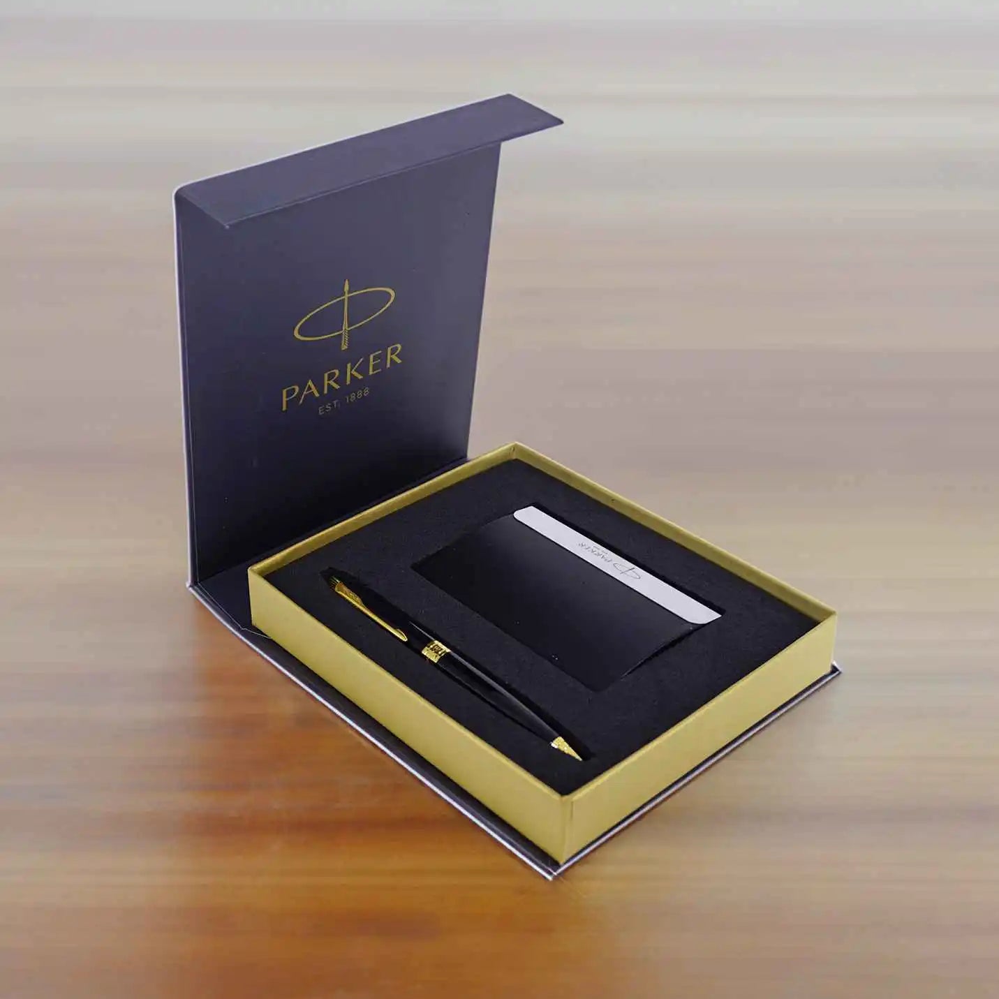 Premium Parker Black Gold Roller Ball Pen & Card Holder