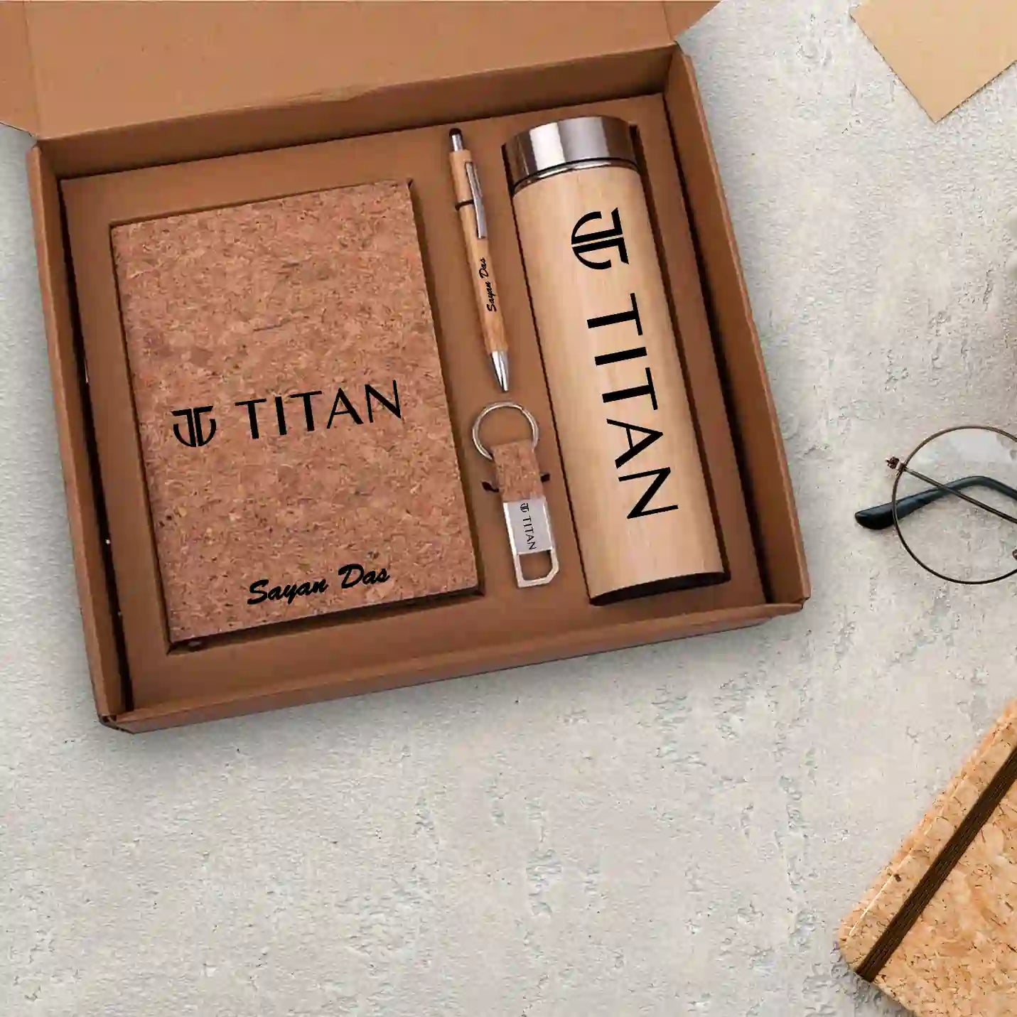 Eco-friendly Bamboo Vacuum Flask, Pen, Diary & Keychain Combo Gift Set