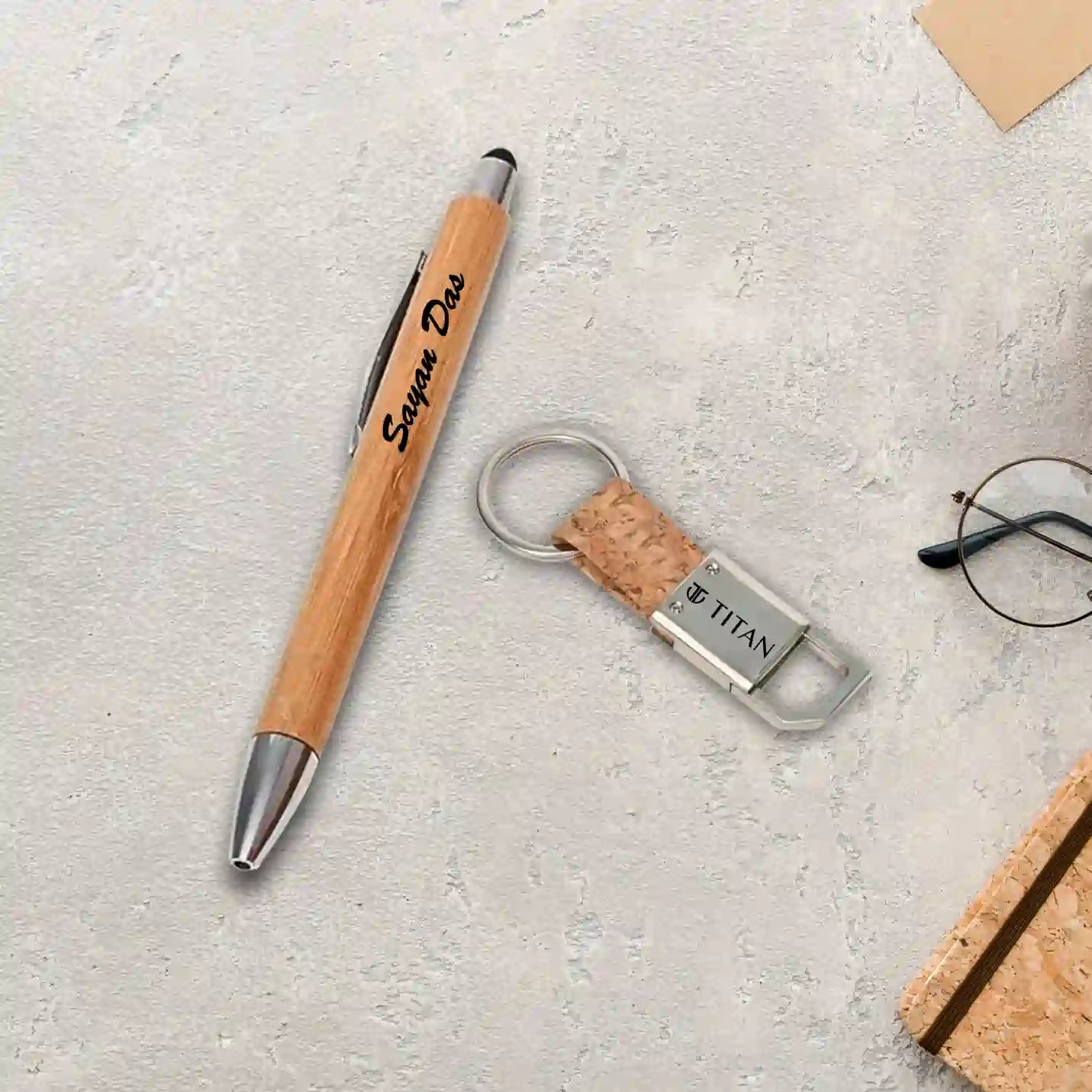 Eco-friendly Bamboo Vacuum Flask, Pen, Diary & Keychain Combo Gift Set Img 4