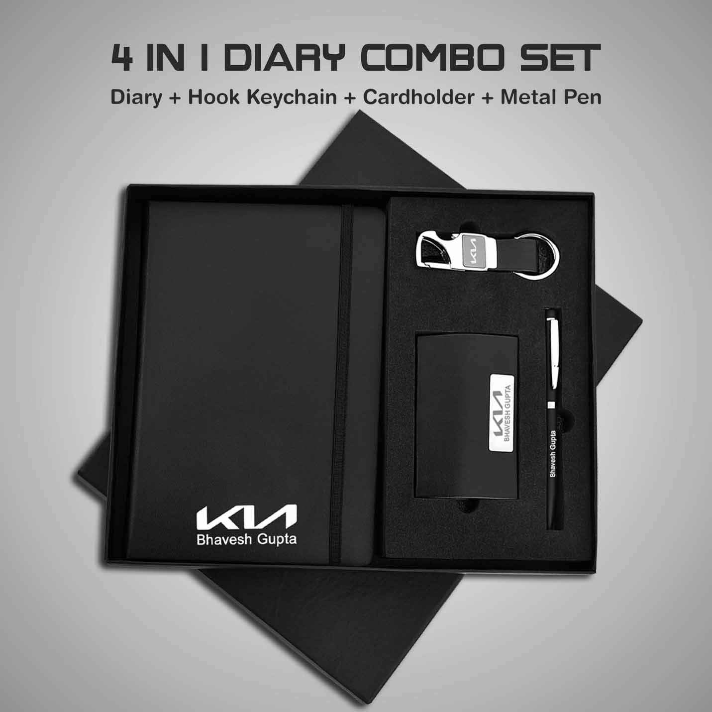 Premium 4 in 1 Black Diary, Pen, Keychain & Cardholder Combo Gift Set