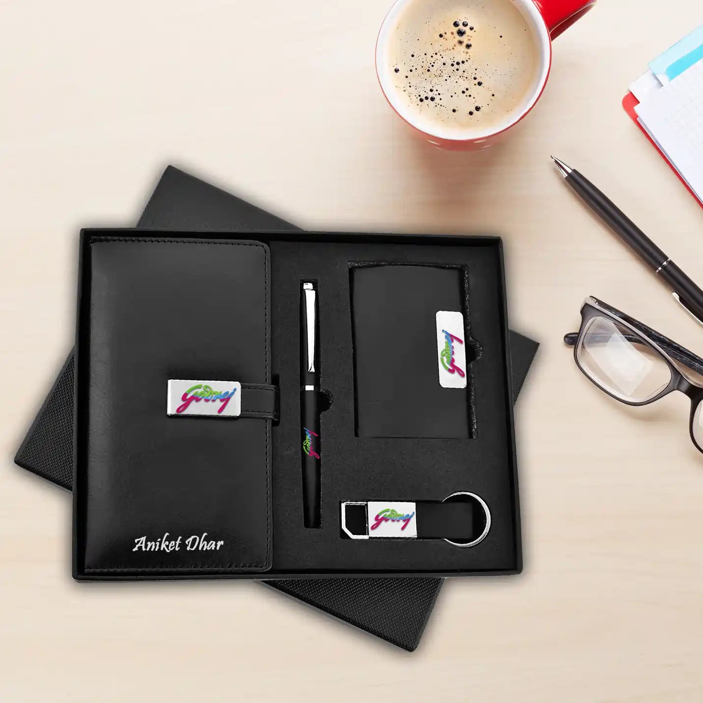 Stylish 4 in 1 Black Diary, Pen, Keychain & Cardholder Combo Gift Set