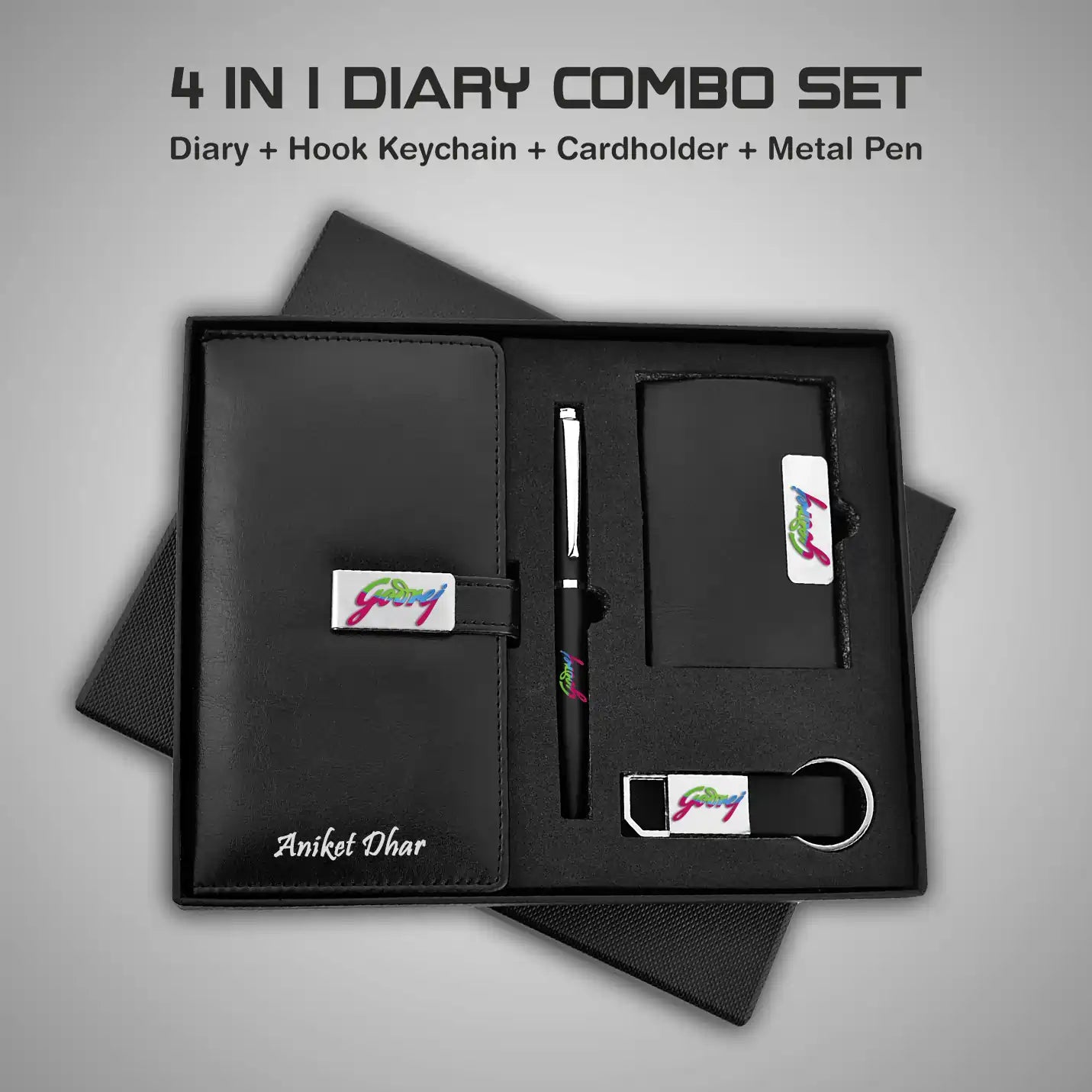 Stylish 4 in 1 Black Diary, Pen, Keychain & Cardholder Combo Gift Set