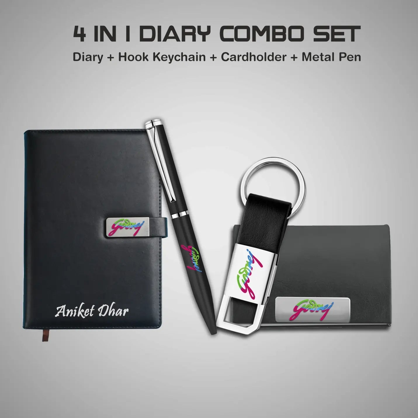 Stylish 4 in 1 Black Diary, Pen, Keychain & Cardholder Combo Gift Set