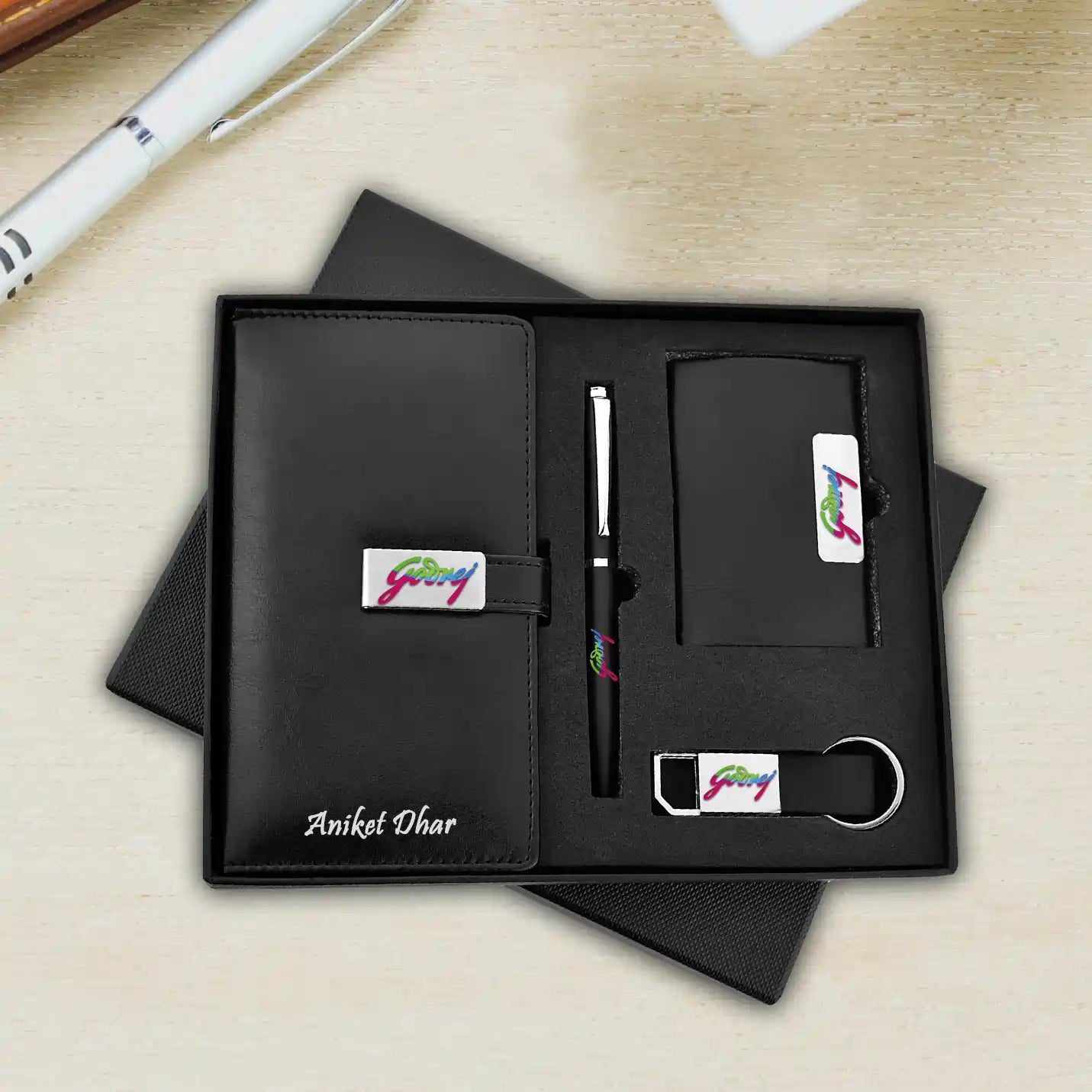 Stylish 4 in 1 Black Diary, Pen, Keychain & Cardholder Combo Gift Set