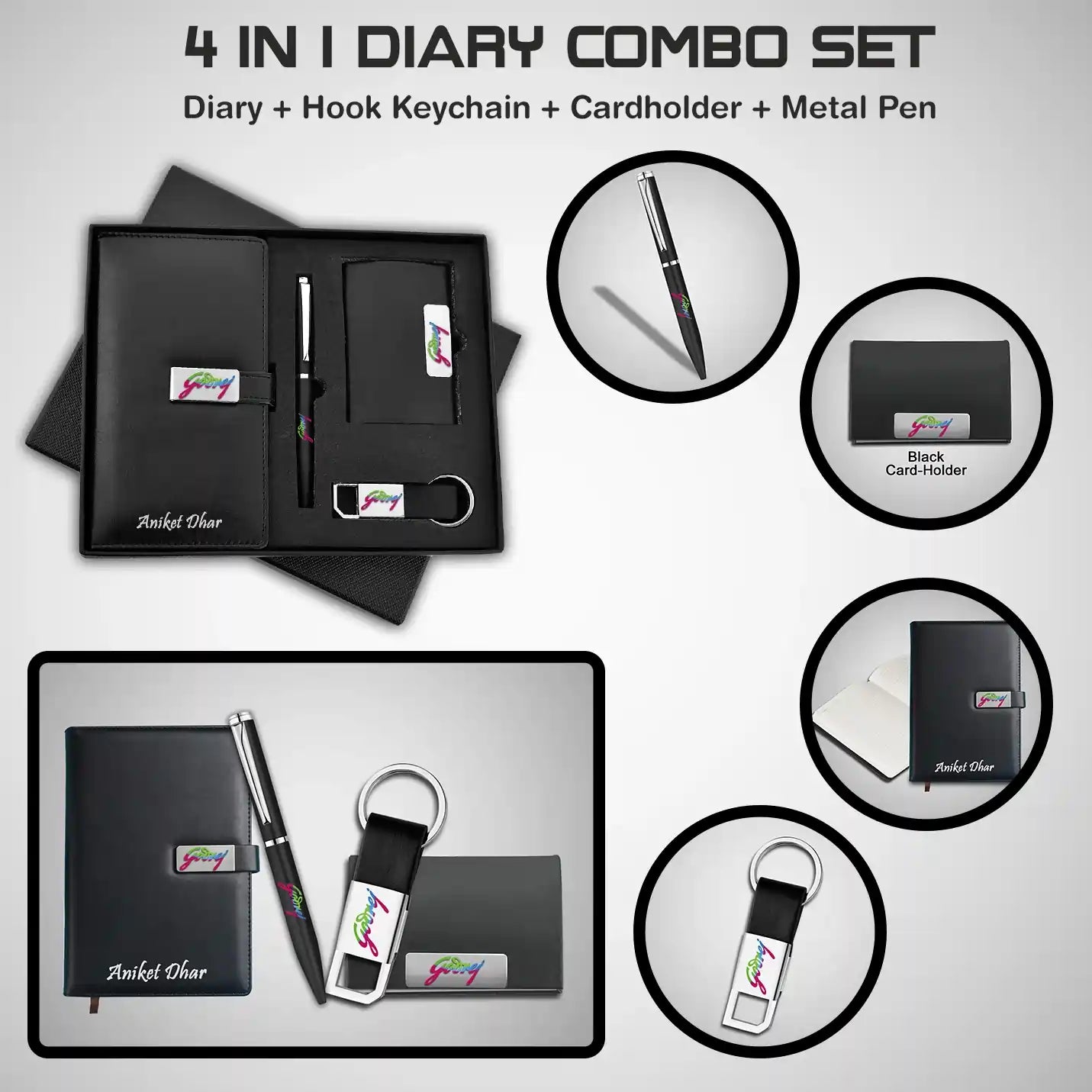 Stylish 4 in 1 Black Diary, Pen, Keychain & Cardholder Combo Gift Set