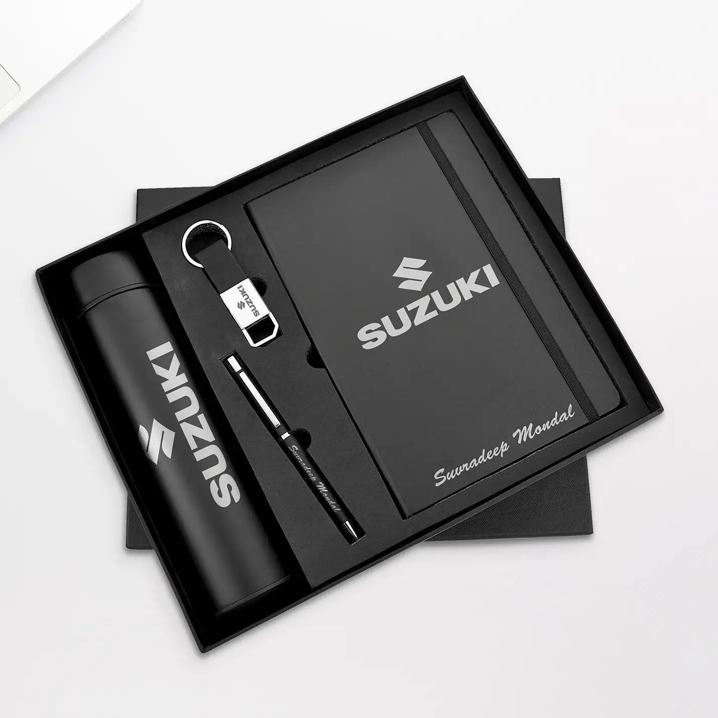 Elegant 4 in 1 Black Diary, Pen, Bottle & Keychain Combo Gift Set