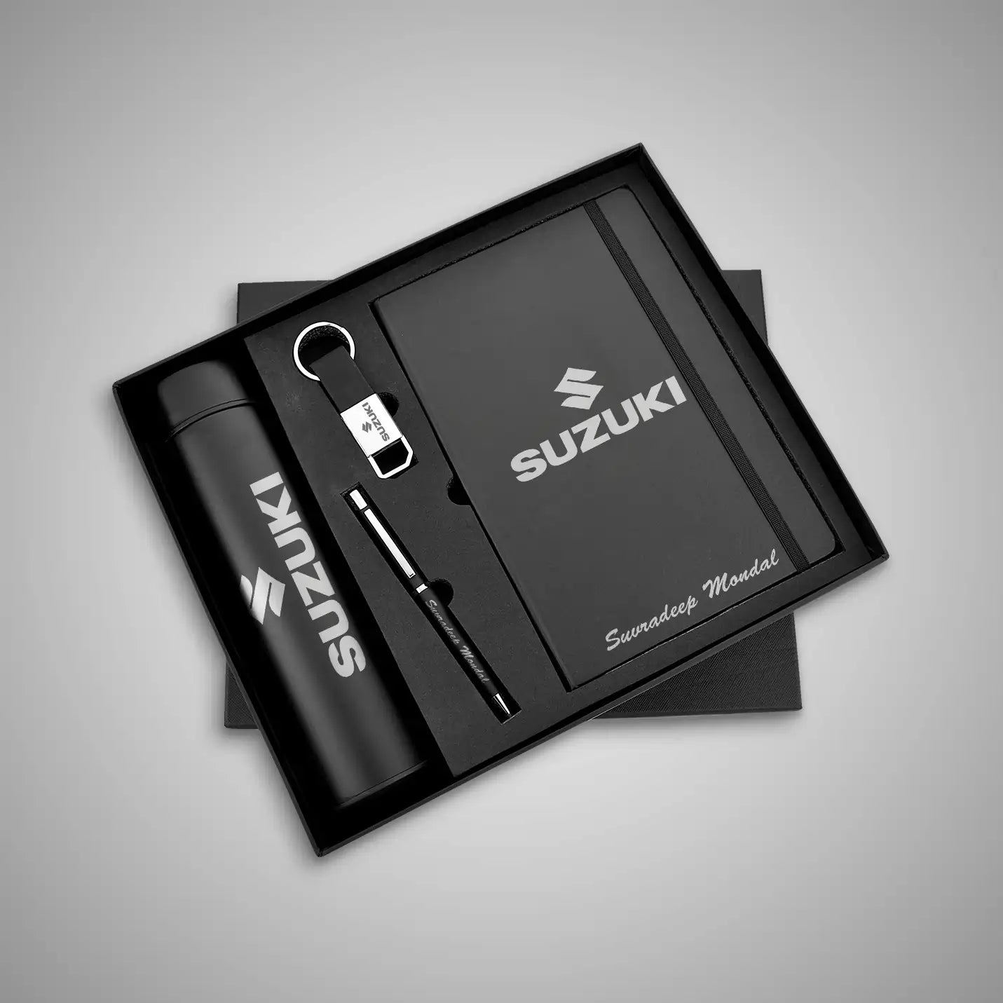 Elegant 4 in 1 Black Diary, Pen, Bottle & Keychain Combo Gift Set