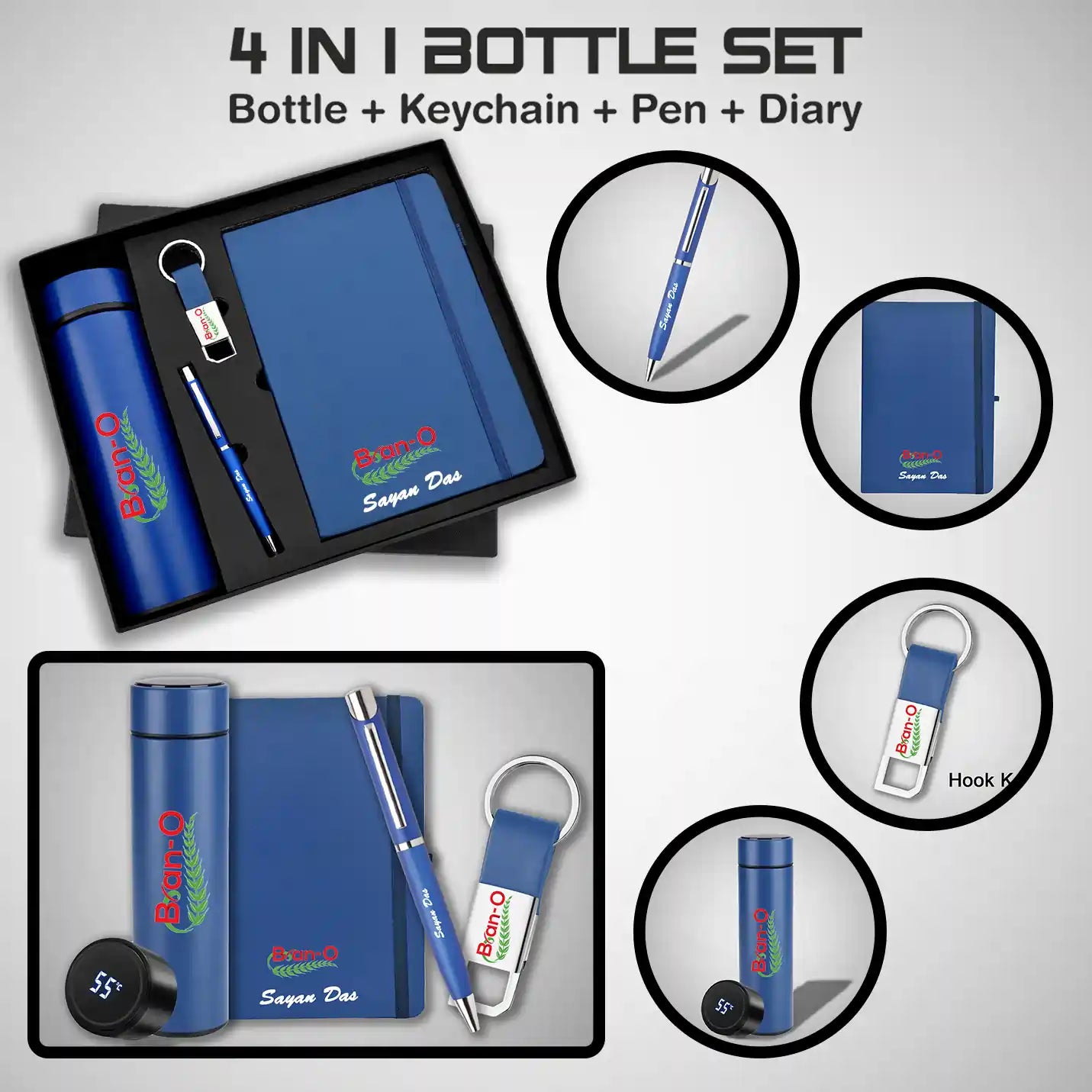 Exclusive 4 in 1 Blue Diary, Pen, Bottle & Keychain Combo Gift Set