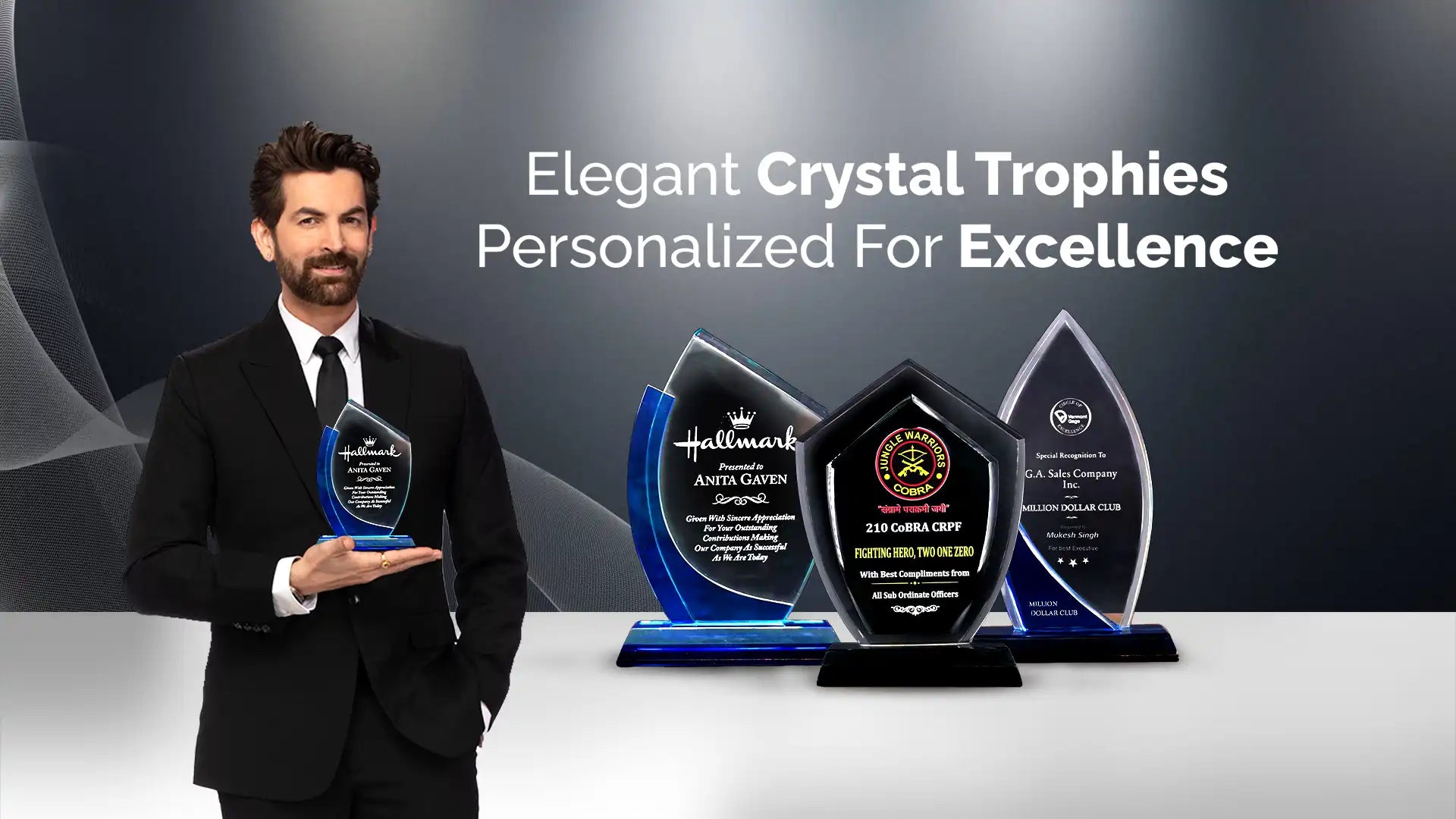 Elegant Crystal Trophies Personalized For Excellence Banner Page